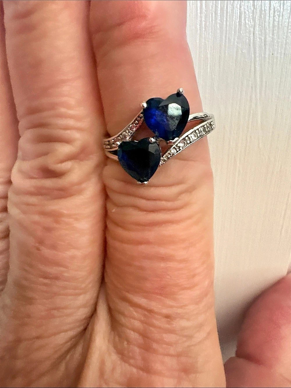 Blue Sapphire (Lab Grown) Double Heart Shaped Stones.
Size 8